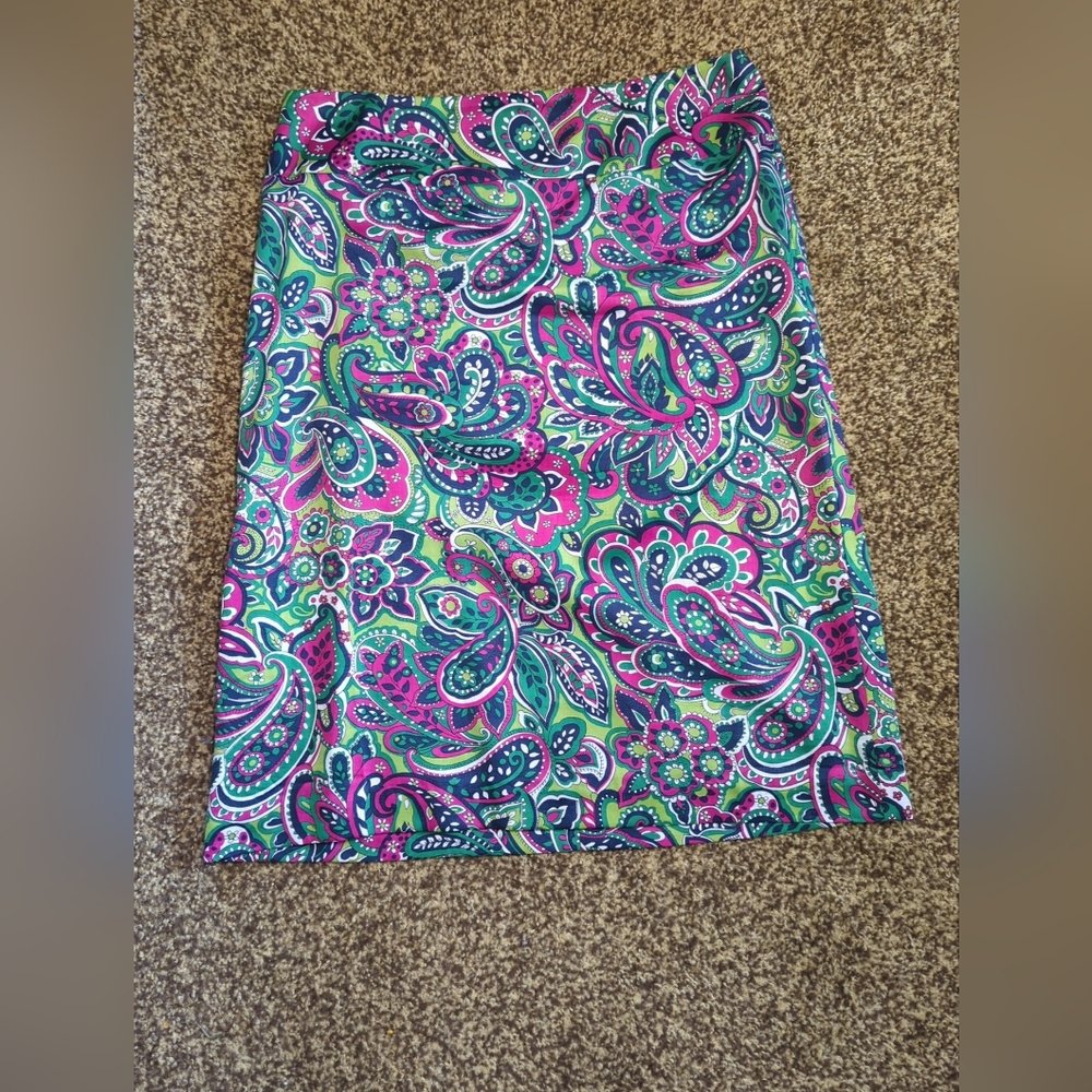 Talbots Cotton Sateen Pencil Skirt Petite Size 6 Green Paisley Print